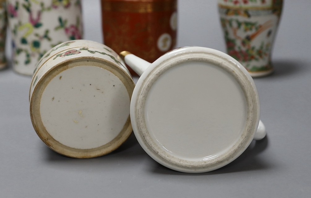 A group of Chinese famille rose vases and jars, a box and cover and a teapot, 19th/20th century, Pair of vases 13 cms high.